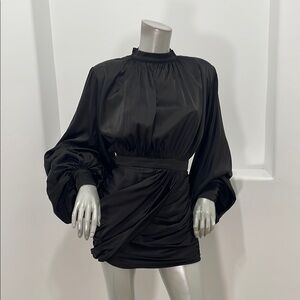 Donnée Par Dieu Black Ruched Long Sleeve High Neck Cocktail Dress Size S